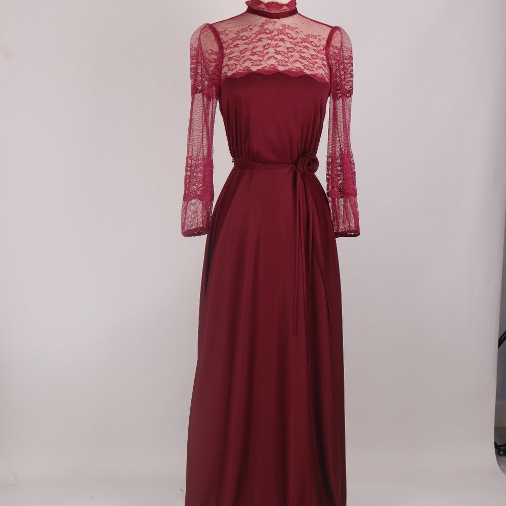 ❄️ Vintage Red Burgundy Wine Long Lace Dress Gown Maxi Gothic Prairie Victorian